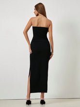 Roylia Metal Buckle Bandeau Top + Bodycon Side Slit Skirt, Knitted Textured Elastic 2-Piece Set, Black Knit Textured Two-Piece